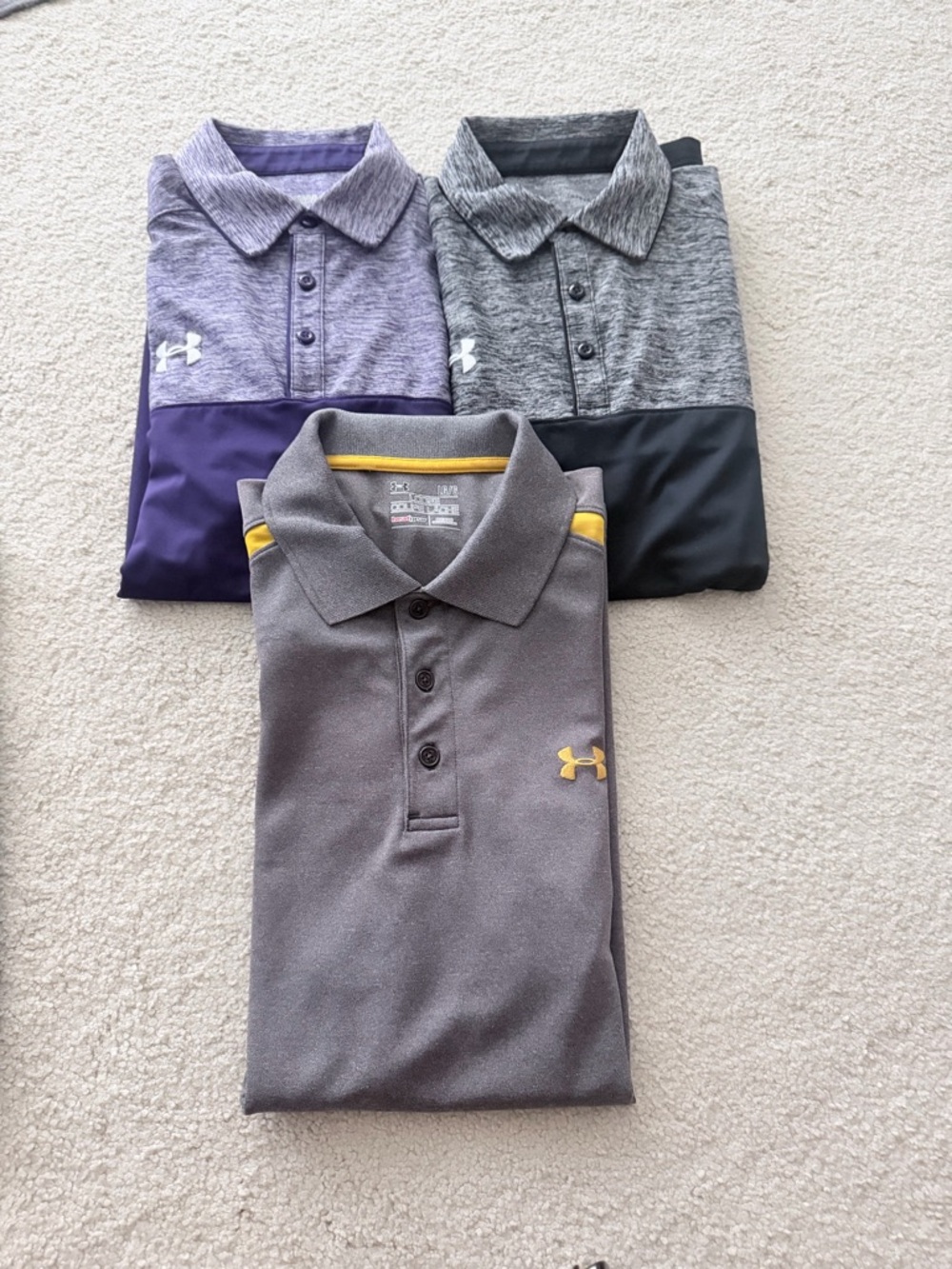 Under Armour Men’s Polos - Gray, Purple, Black with Gold Accent